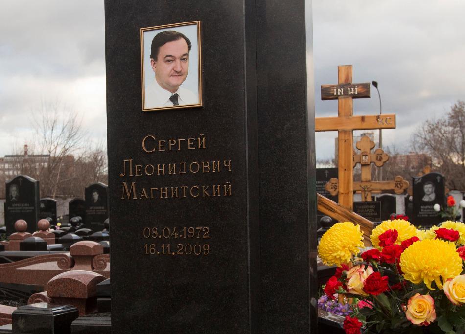 The grave of lawyer Sergey Magnitsky is seen at a cemetery in Moscow