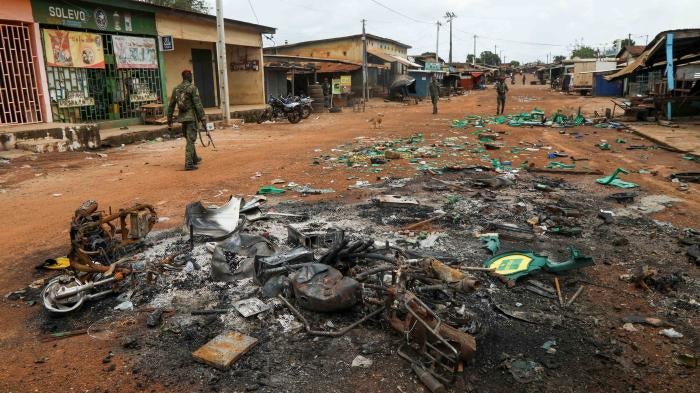 Ivorian soldiers patrol the town of M’Batto after intercommunal clashes on November 9 and 10 following Côte d’Ivoire's October 31 presidential election, November 12, 2020. 