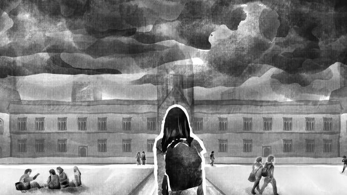A black and white illustration of a storm clouds hanging over a university building as a student walks towards it