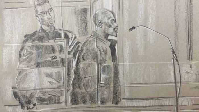 A courtroom sketch showing Kunti Kamara addressing the Paris Criminal Court during his trial, October 2022.