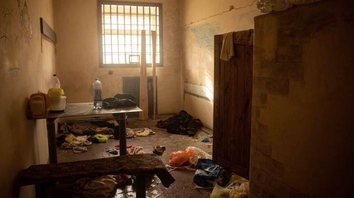 A cell at a preliminary detention center that is believed to have been used by Russian forces to torture civilians in Kherson, Ukraine, November 16, 2022. 