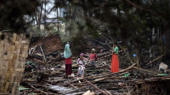 Rohingya women at their shelter destroyed by Cyclone Mocha in Basara camp in Sittwe, Myanmar.
