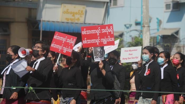 Lawyers in Myanmar protesting the military coup