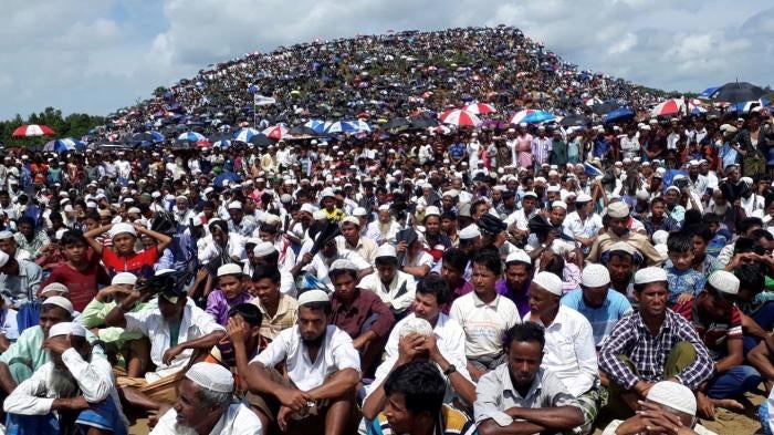Rohingya refugees gather in Kutupalong camp to mark the 2nd anniversary of the start of the Myanmar military’s 2017 atrocities, Cox’s Bazar, Bangladesh, August 25, 2019. 