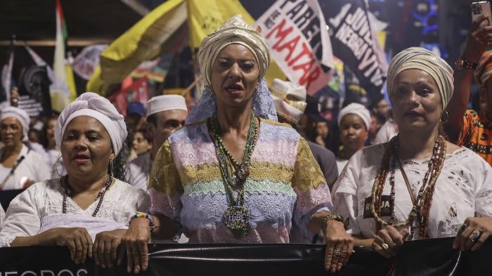 People take part in a demonstration by the Movimento Negro (Black Movement) against police violence and operations in the favelas, São Paulo, Brazil, August 24, 2023. 