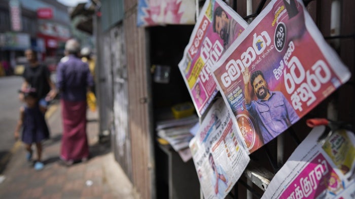 Newspaper front pages featuring Sri Lankan president-elect Anura Kumara Dissanayake.