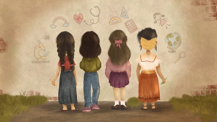 Illustration of four young girls standing in front of a wall 