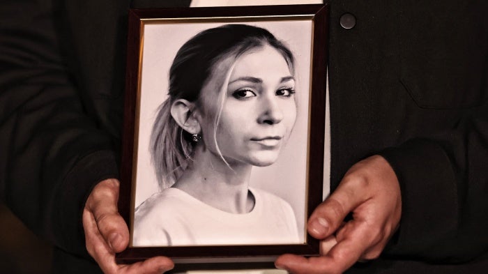 A commemoration Ukrainian journalist Victoria Roshchyna who died in Russian captivity, Maidan Nezalezhnosti (Independence Square) in Kyiv, Ukraine, October 11, 2024.