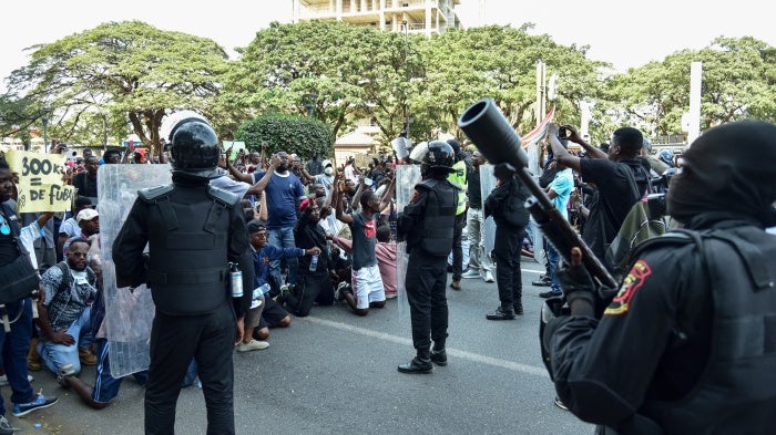 Angola's Rapid Intervention Force during a protest against the rise in fuel prices and transport costs in Luanda, July 12, 2025.
