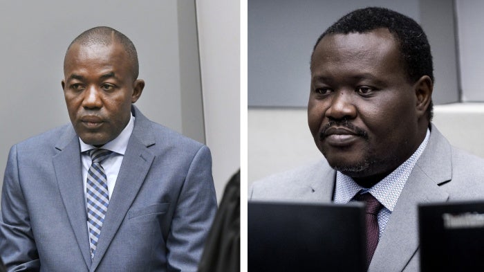 Alfred Yékatom, left, and Patrice-Edouard Ngaïssona, right, taken on Nov. 23, 2018 and Jan. 25, 2019 respectively when they appeared before the International Criminal Court (ICC) in The Hague, Netherlands.