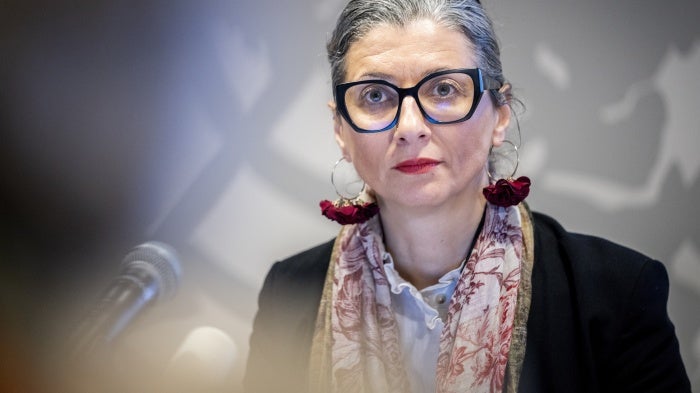 UN Special Rapporteur for the occupied Palestinian territories Francesca Albanese during a press conference at the UN City in Copenhagen, Denmark, February 5, 2025. 