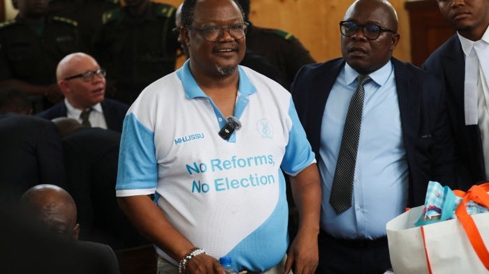 Tanzanian opposition leader Tundu Lissu, a former Chadema party presidential candidate, at the magistrate court in Dar es Salaam, Tanzania, June 16, 2025. (