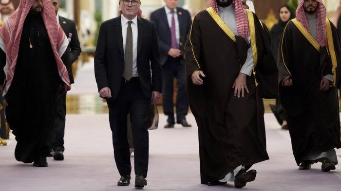 UK Prime Minister Keir Starmer meets Saudi Crown Prince Mohammed bin Salman in Riyadh, Saudi Arabia, December 9, 2024. 