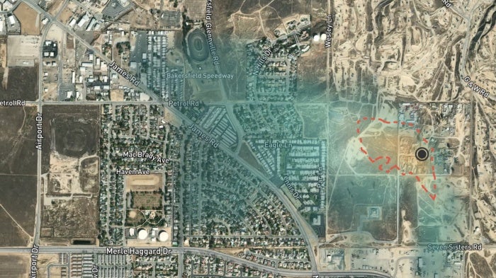 A methane emissions event in Bakersfield, California, captured by the Methane Risk Map.