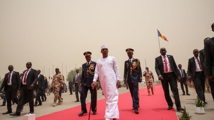 Chadian President Mahamat Idriss Déby (C) arrives for his inauguration at the Palace of Arts and Culture in N'Djamena on May 23, 2024.