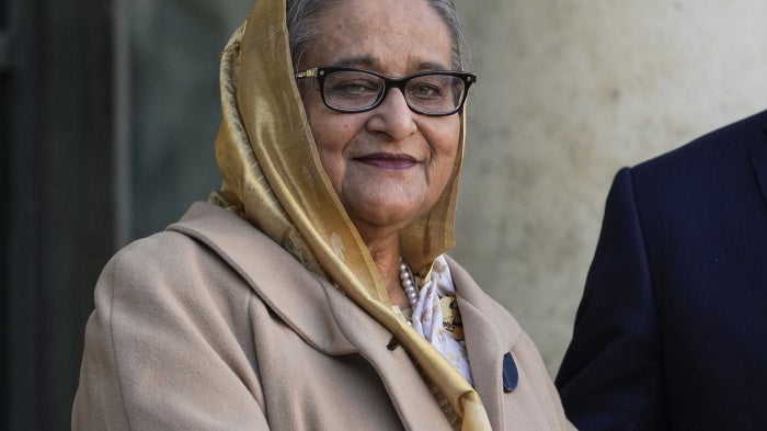 Former Prime Minister of Bangladesh Sheikh Hasina Wazed at the Elysee Palace in Paris, France, November 9, 2021.