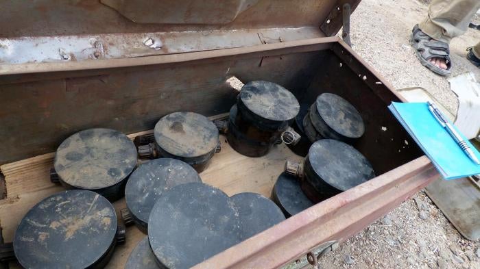 GYATA-64 antipersonnel mines cleared by YEMAC from Aden city and its suburbs since Houthi-Saleh forces withdrew from the city in July 2015, March 16, 2017. 