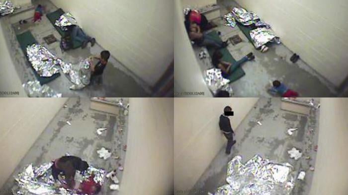 Six women and children confined to an immigration holding cell in Douglas, Arizona, appear to share two sleeping mats, September 2015