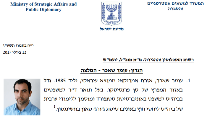 A dossier compiled by Israel’s Strategic Affairs and Public Diplomacy Ministry on the activities of Omar Shakir, Human Rights Watch’s Israel and Palestine Director, which served as the basis for the government’s May 7, 2018 decision to revoke his work vis