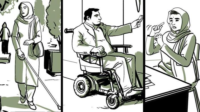 Illustration shows people with disabilities in Iran.