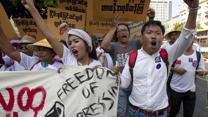 Demonstrators shout slogans at a protest against an amendment to Myanmar’s public assembly law in Yangon, March 5, 2018. 