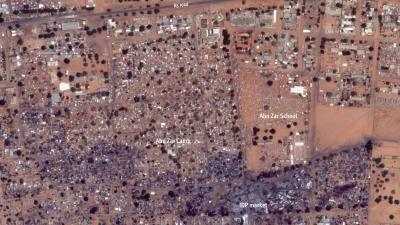 Satellite imagery captured on April 8, 2021, shows areas destroyed by fire in the Abu Zar camp, El Geneina, West Darfur, Sudan. Image © 2023 Planet Labs PBC. Analysis and graphics.