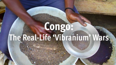 Still image of person mining minerals under episode title. 