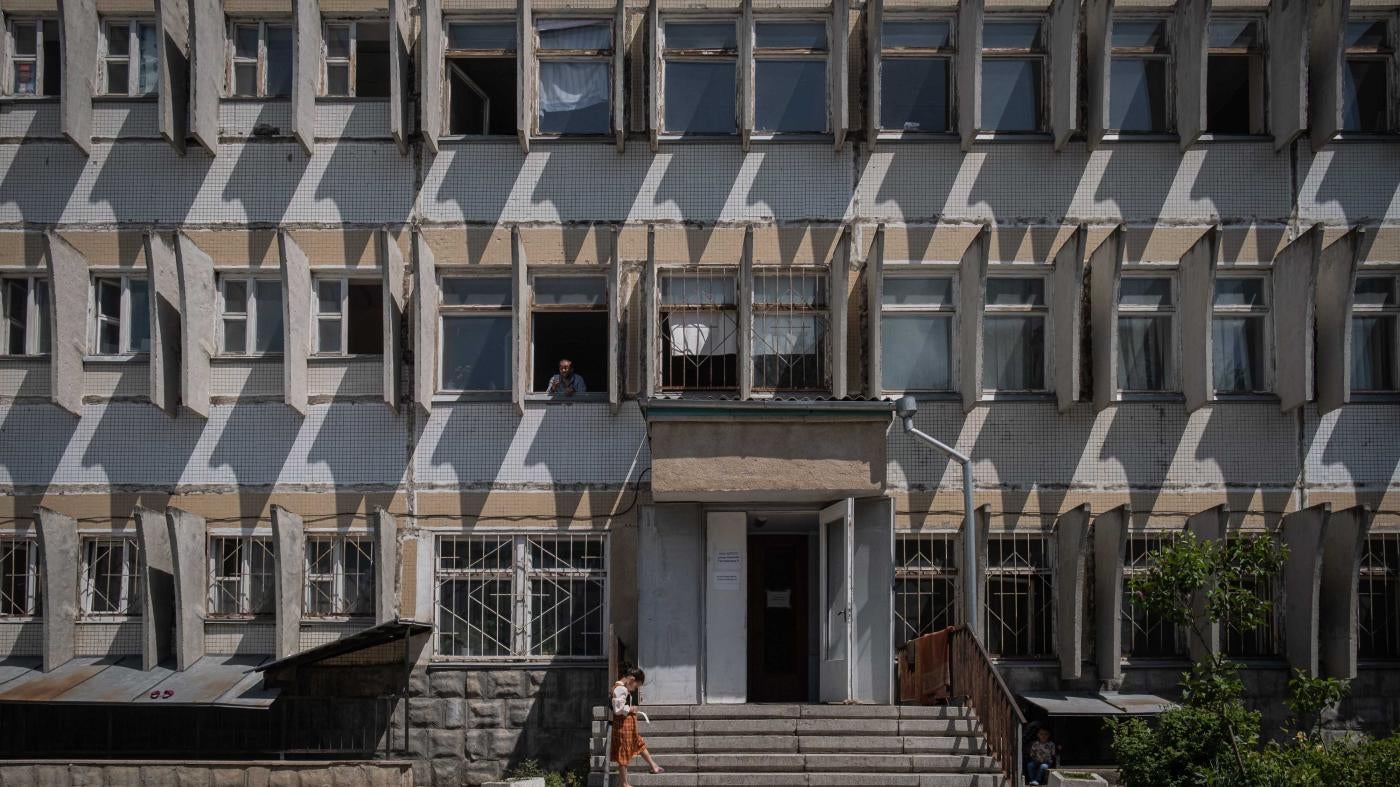 An entrance to the FRISPA center where most Romani refugees from Ukraine are accommodated.