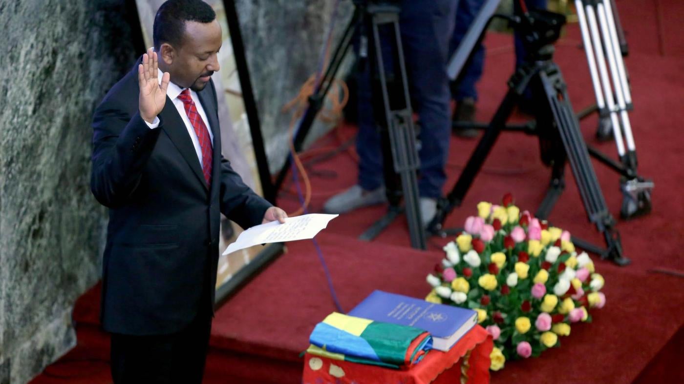 Abiy Ahmed, newly elected prime minister of Ethiopia, is sworn in at the House of Peoples' Representatives in Addis Ababa, April 2, 2018. © 2018 Hailu/Anadolu Agency/Getty Images