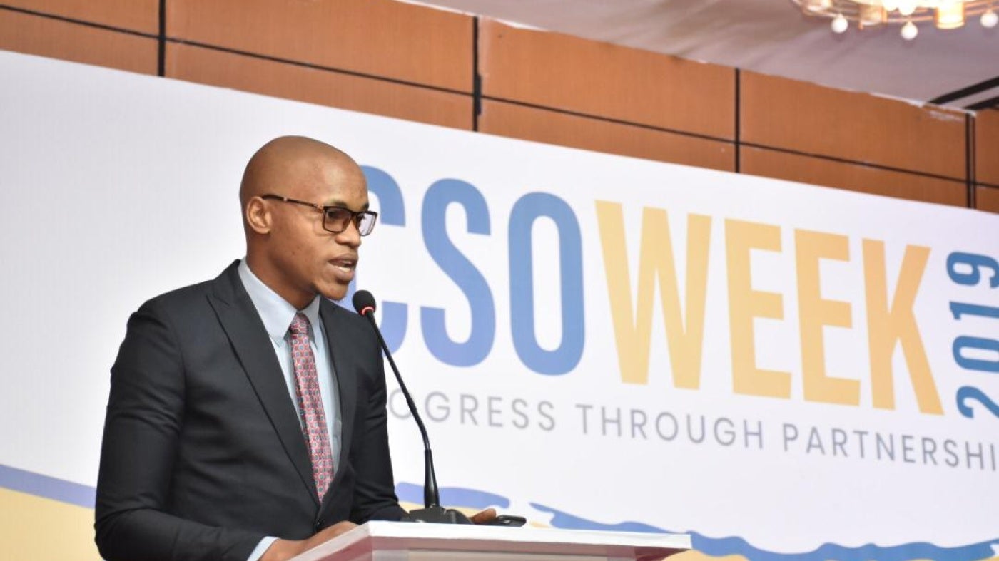 Tanzanian human rights activist Tito Magoti speaks during an event in Dodoma, Tanzania on November 6, 2019 © 2019 Sipa Michael Mallya