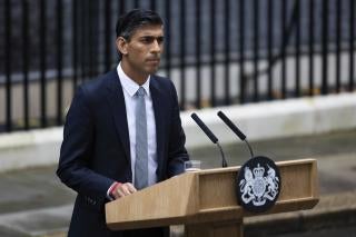 Rishi Sunak makes his first speech as British prime minister outside 10 Downing Street, London.