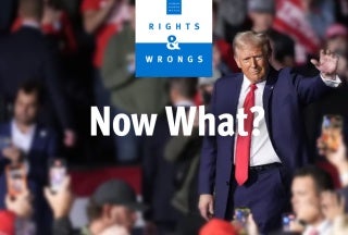 Image of Donald Trump addressing crowd under Rights & Wrongs logo and title. 