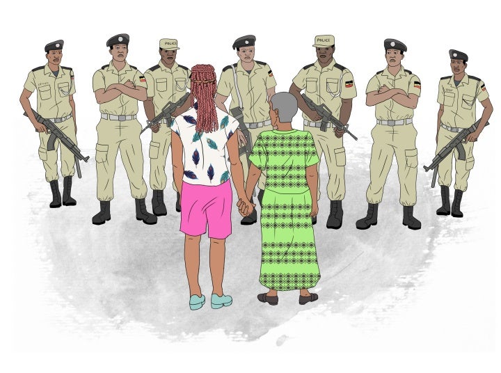 An illustration of a mother and child standing in front of armed police