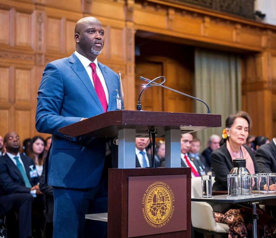 Gambia's Justice Minister Abubacarr Tambadou speaks on the first day of hearings in a case against Myanmar alleging genocide against the minority Muslim Rohingya population at the International Court of Justice