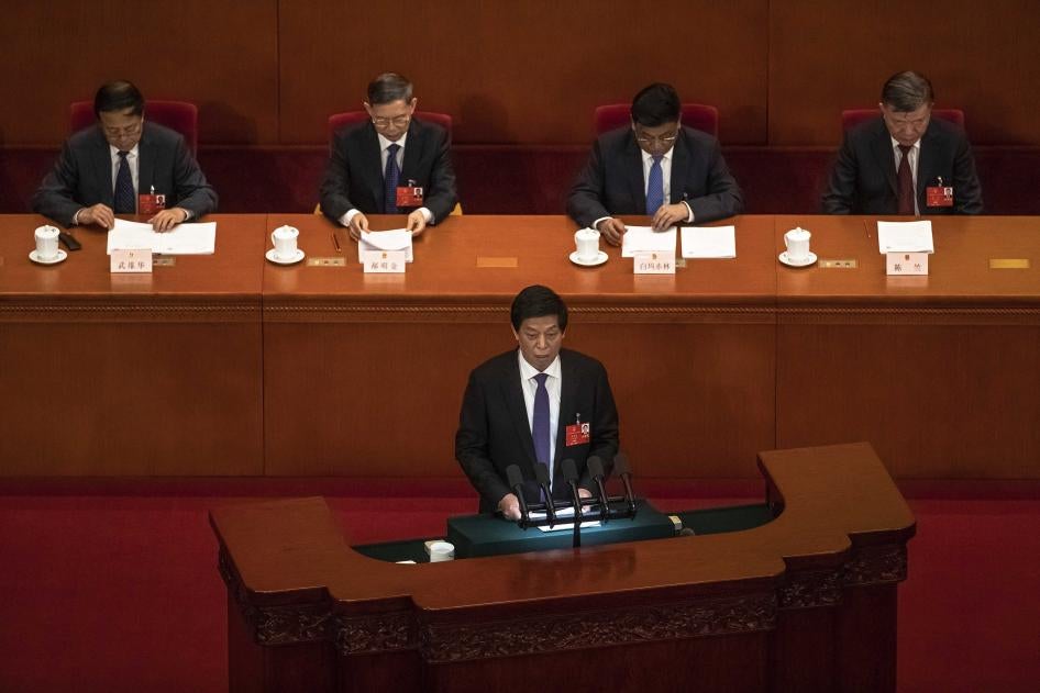 Li Zhanshu, National People's Congress Chairman delivers a speech during the second plenary session of China's National People's Congress (NPC) at the Great Hall of the People in Beijing, May 25, 2020. 
