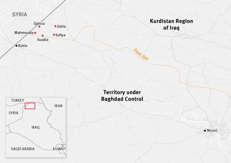Map of five villages in Rabia subdistrict that the Kurdistan Regional Government has prevented Arab residents from returning to. 