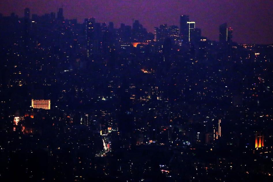 Lebanon's capital, Beirut, in the dark on July 27, 2020, due to widespread electricity blackouts caused by fuel shortages in the midst of a dire economic crisis. 