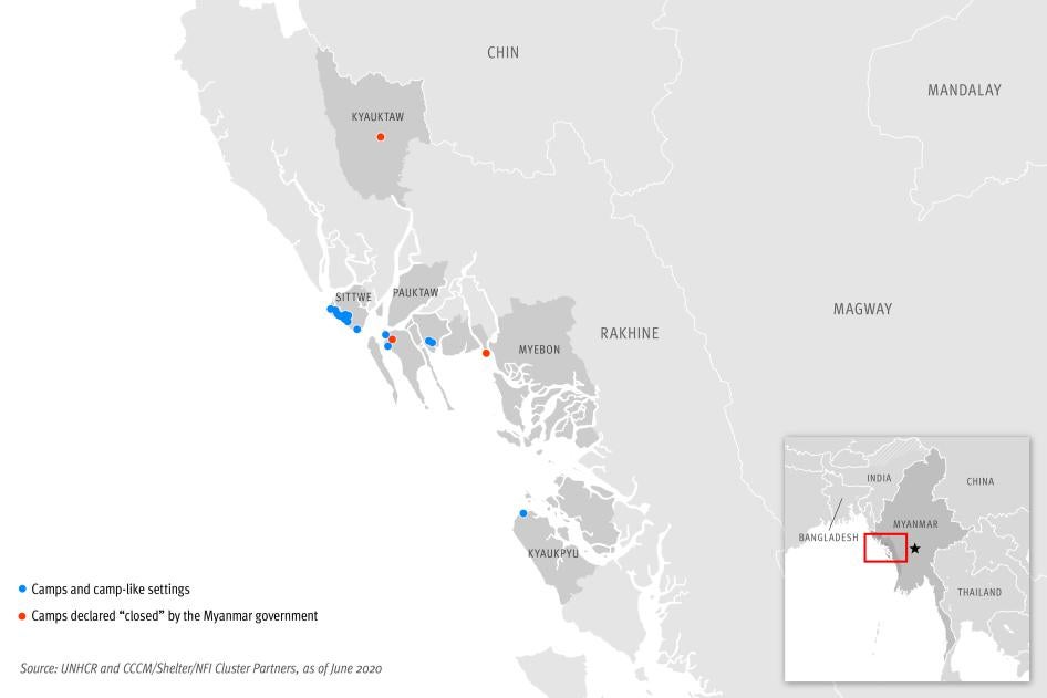 A gray map of Myanmar (Burma)  noting the locations of Rohingya camps