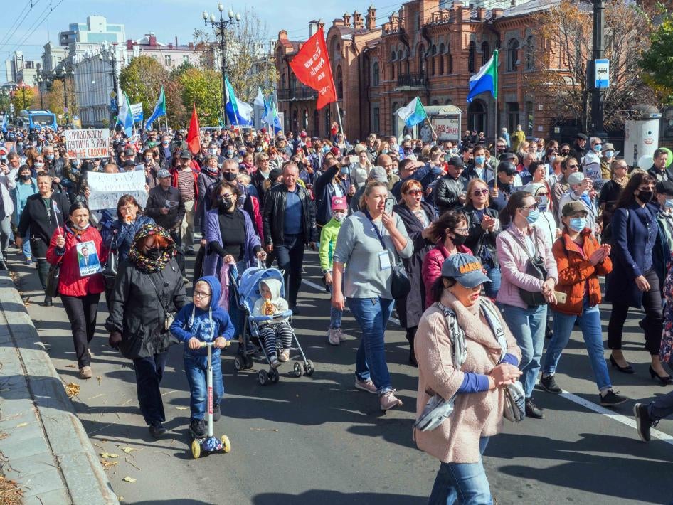 Participants in a rally in Khabarovsk, in Russia's Far East, Saturday, to support the former region's governor Sergei Furgal on Oct. 10, 2020. Police detained several dozen protesters in the first crackdown since such rallies started three months ago.