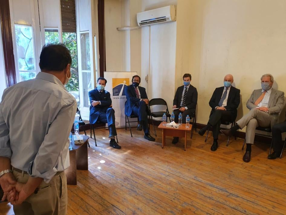 Several European diplomats attend a meeting at the Egyptian Initiative for Personal Rights' (EIPR) office in Cairo on November 3, 2020.