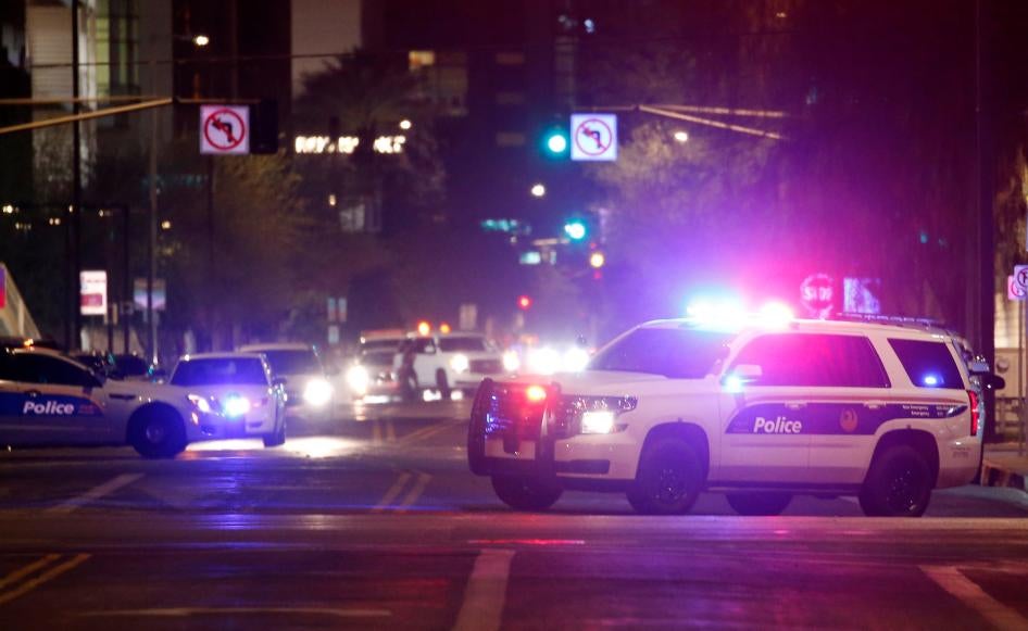 Phoenix Police Department vehicles block off a street in Phoenix, Arizona, May 30, 2020. 