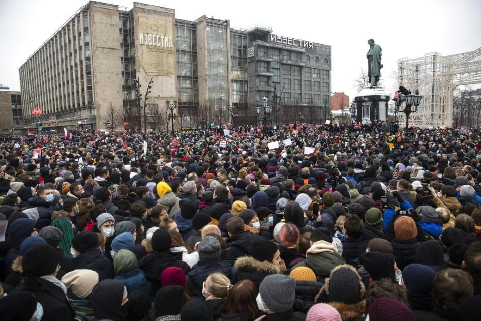 People gather in Pushkin Square during a protest against the jailing of opposition leader Alexei Navalny in Moscow, Russia, Saturday, January 23, 2021. 