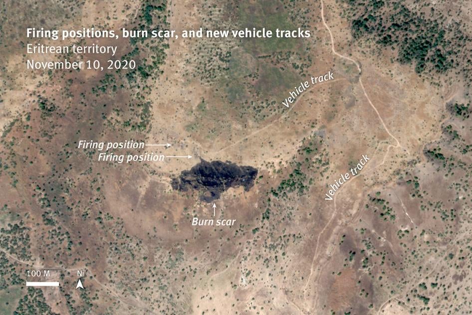 Analysis of satellite imagery shows new vehicle tracks leading to at least two firing positions established between November 6 and 9, 2020 that likely fired upon Humera on November 9 and 10. A burn scar is visible in front of one of these positions on satellite image recorded at 8:47 a.m. on November 10, that was not visible on satellite images collected the day before. The burned vegetation and resulting scar are created by unconsumed propellent ejected a short distance from a tank cannon.  