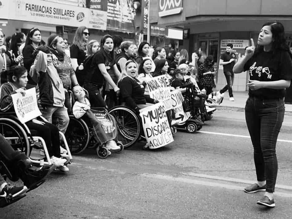 Women with disabilities demonstrating on March 8, 2020 against violence against women.