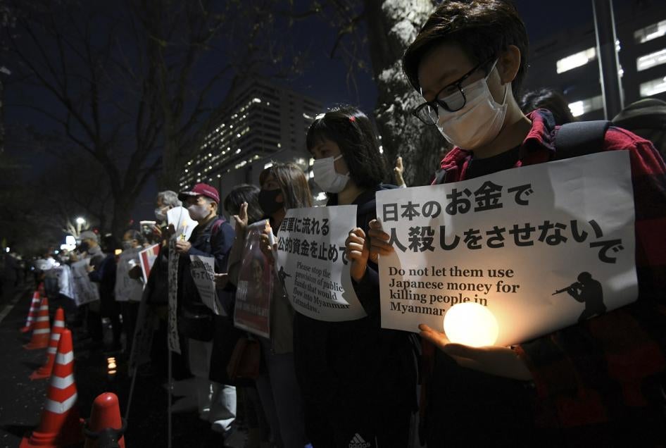 People protest the Myanmar Armed Forces in front of the Ministry of Foreign Affairs in Chiyoda Ward, Tokyo on April 1, 2021.
