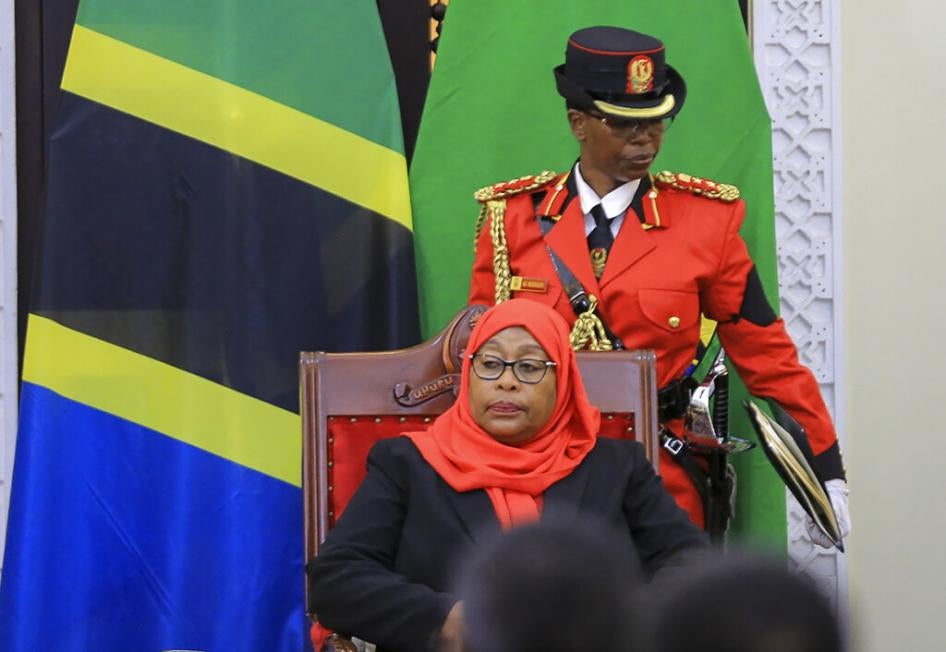 Samia Suluhu Hassan, center, made history when she was sworn in as Tanzania's first female president at a ceremony at State House in Dar es Salaam, March 19, 2021. 