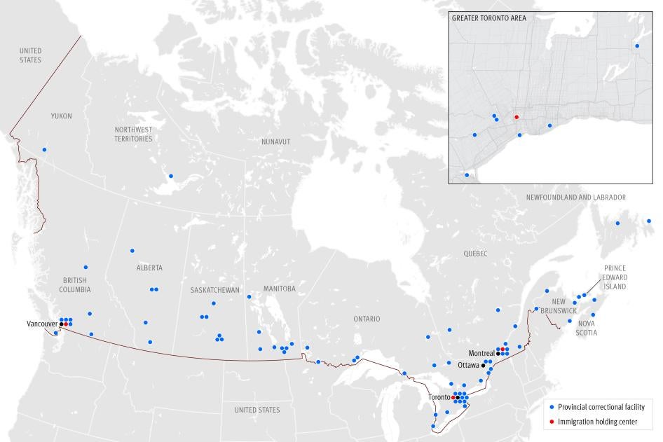 Map of Canada showing provincial correctional facilities and immigration holding centers