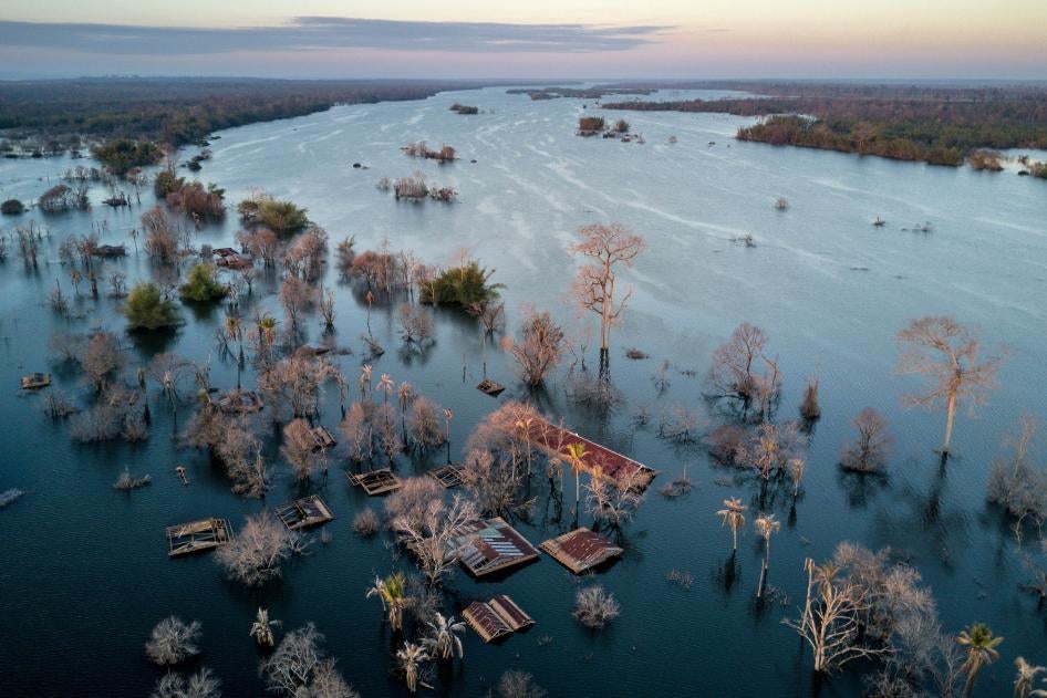 An aerial view of a village partially underwater