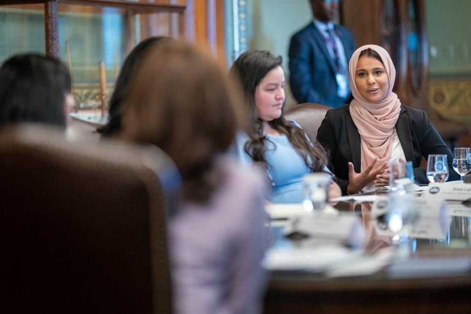 Hina Naveed, DACA recipient, discusses the urgent need for a pathway to citizenship with US Vice President Kamala Harris and other DACA recipients, Thursday, July 22, 2021, at the White House. 