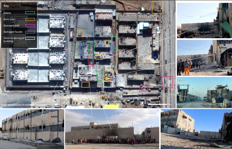 Main damage observed through satellite imagery and video analysis on al-Sina’a prison, al-Hasakah city, northeast Syria from January 25 to 29, 2022.   Satellite imagery acquired on January 28, 2022, as well as videos and photos shared online from January 25 to January 29, 2022, shows extensive damage to al-Sina’a prison and adjacent areas. Eight days after the battle started on January 20, 2022, the roofs and facades of the buildings throughout the core of the prison compound are extensively damaged. Debris